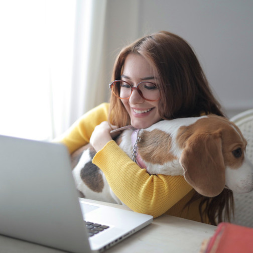 administrative professional working from home with dog and laptop