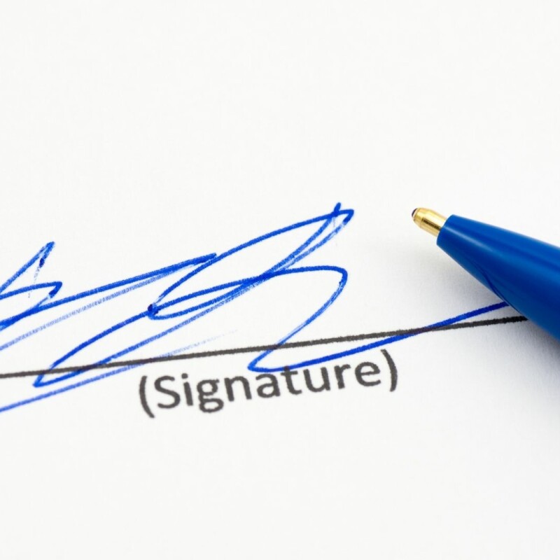 Someone signing their signature on a piece of paper