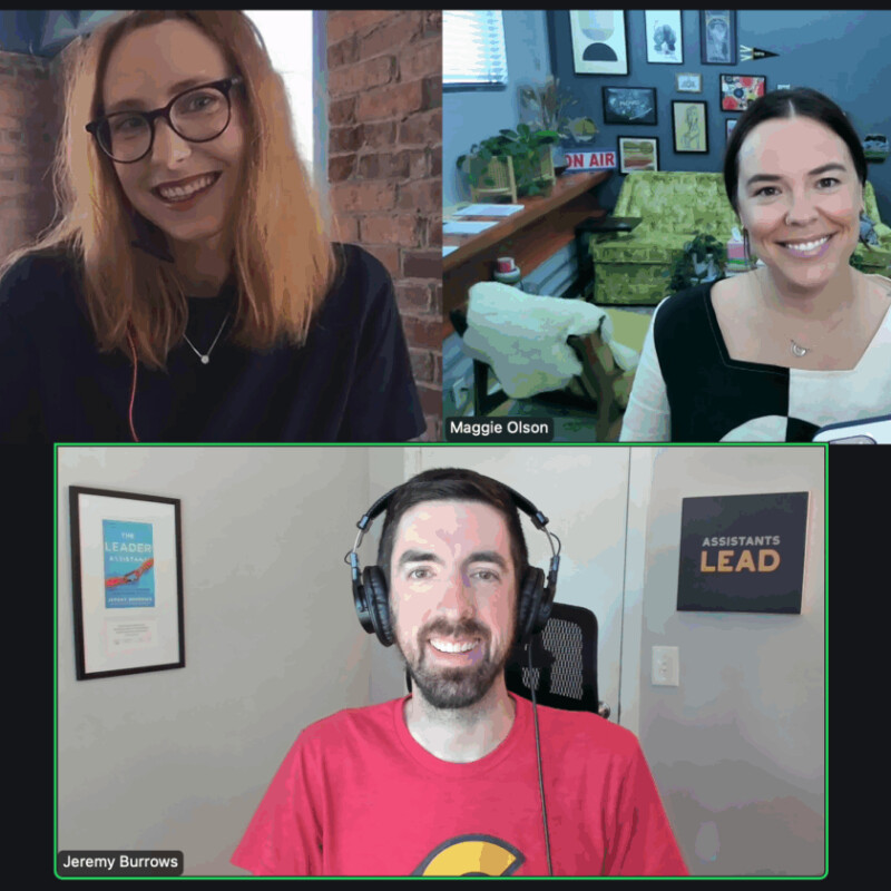 Leah Warwick (top left), Maggie Olson (top right), and Jeremy Burrows (bottom) during filming of podcast episode; courtesy of Jeremy Burrows