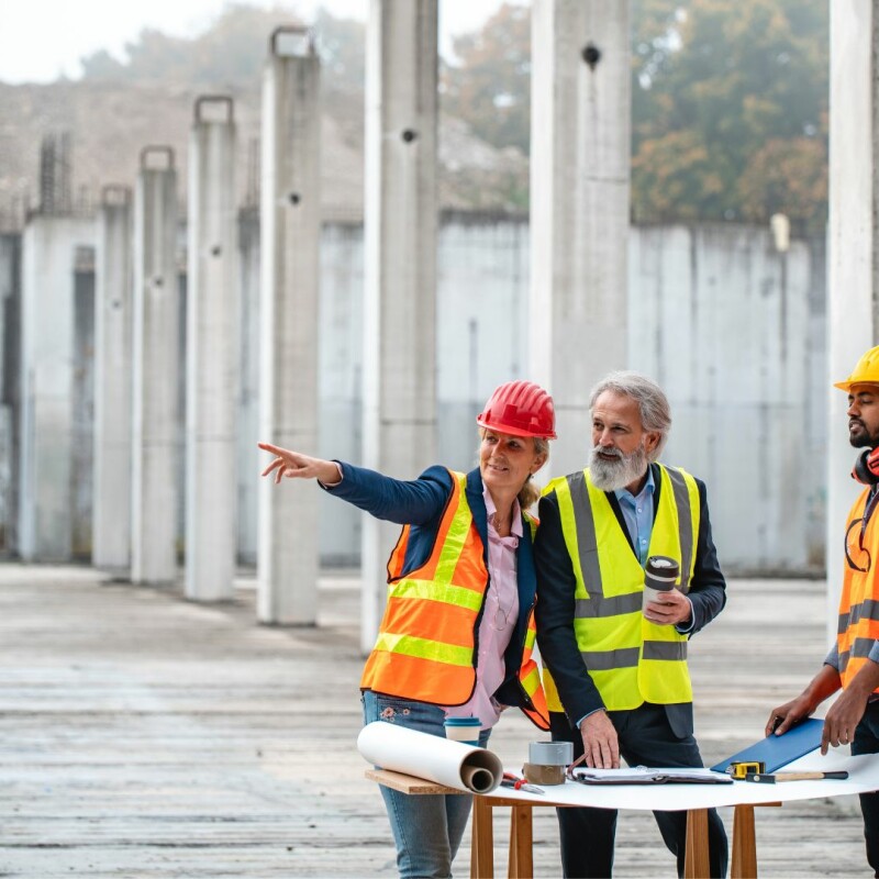 Three coworkers work at a job site, with the project manager delegating different tasks.