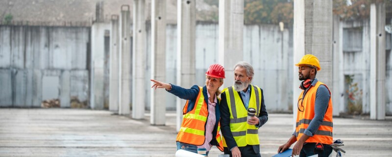 Three coworkers work at a job site, with the project manager delegating different tasks.