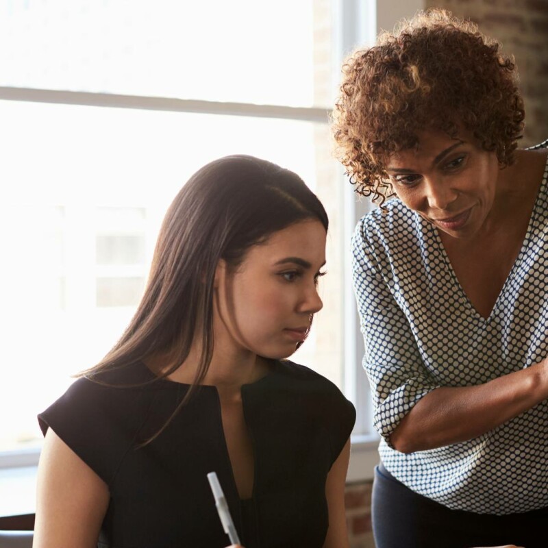 A mentor walks a younger professional through her computer work.