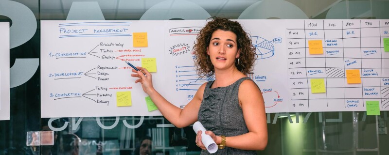 A woman stands in front of a white board covered in details and post-it notes, demonstrating successful project management.