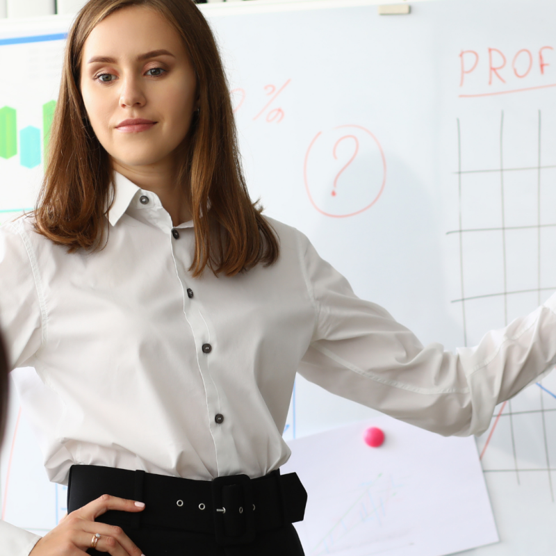 woman pointing to a white board with a chart about increasing profits
