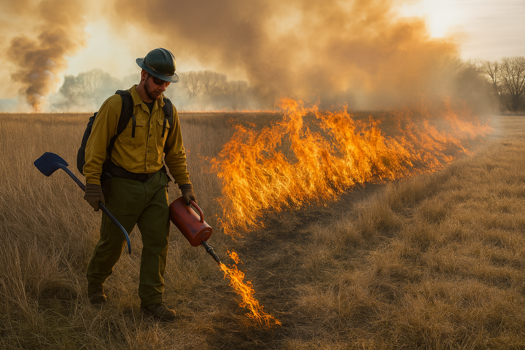 AI-generated image of man near fire in a field