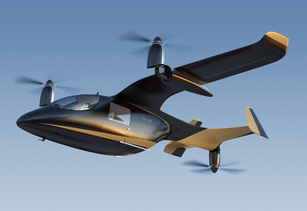 Electric VTOL passenger aircraft flying in the sky. Air mobility concept. 3D rendering image.