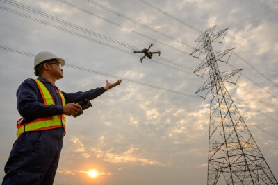 Asian male engineer electrician at power station flying drone to observe power generation planning work at high voltage pylons