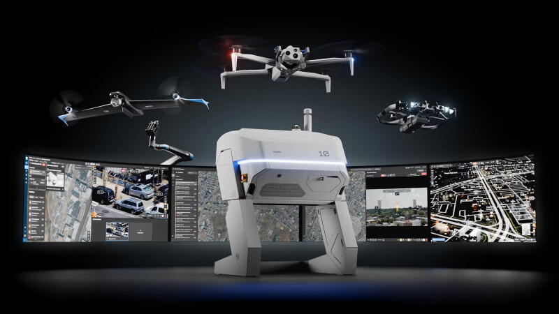 Concept of various Skydio drones flying over a Dock and with various monitors showing public safety information.