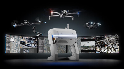 Concept of various Skydio drones flying over a Dock and with various monitors showing public safety information.