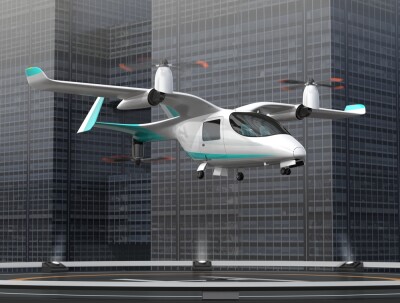 Electric VTOL passenger aircraft taking off from the helipad. Urban Passenger Mobility concept. 3D rendering image.