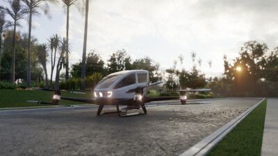 An unmanned passenger air taxi stands on the road waiting for a client. View of an unmanned aerial passenger vehicle. 3D Rendering