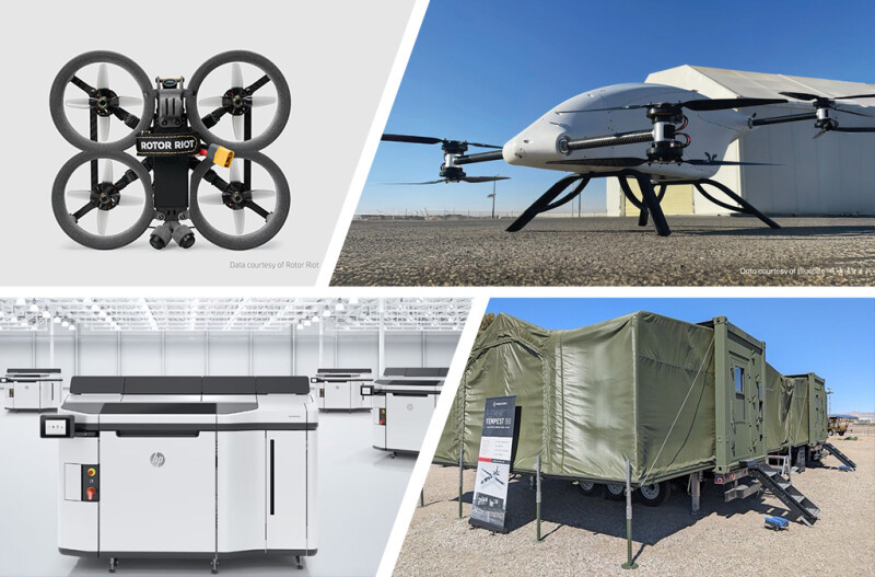 Four images in a grid. Top left: Rotor drone from a top-view. Top right: A quadcopter. Bottom left: An HP 3D printer. Bottom right: A makeshift manufacturing facility.
