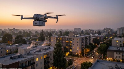 Commercial Delivery Drone Flying Above a Modern City Skyline During Daylight, Showcasing Future Logistics and Urban Aerial Transport