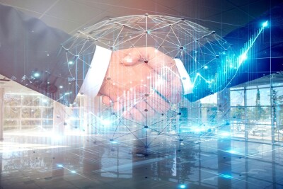 business man handshake with effect global world map network link connection