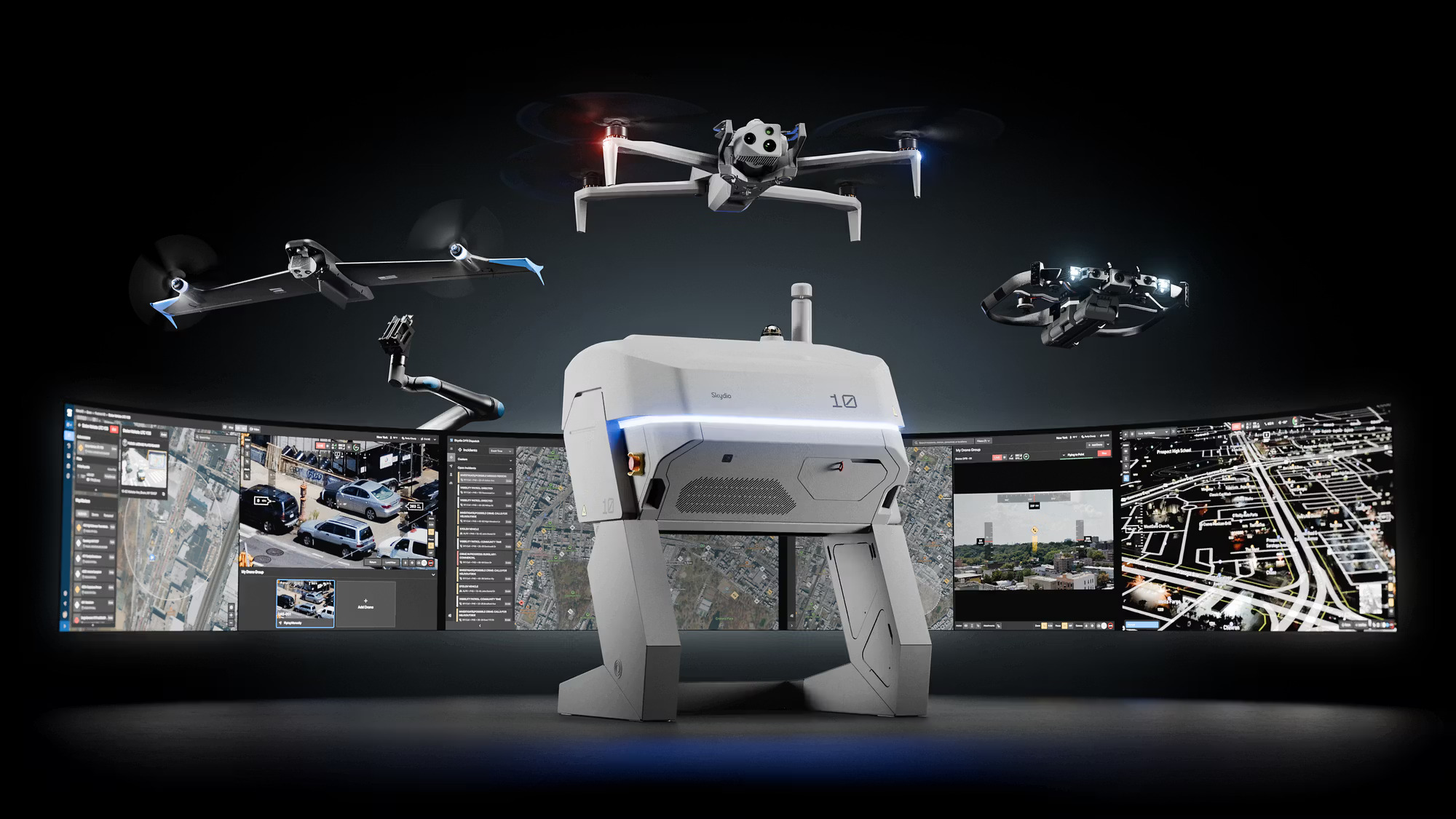 Concept of various Skydio drones flying over a Dock and with various monitors showing public safety information.