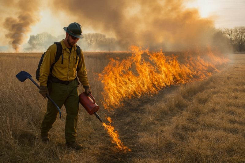 AI-generated image of man near fire in a field