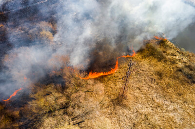 Aerial view of wildfire on the field. Huge clouds of smoke.