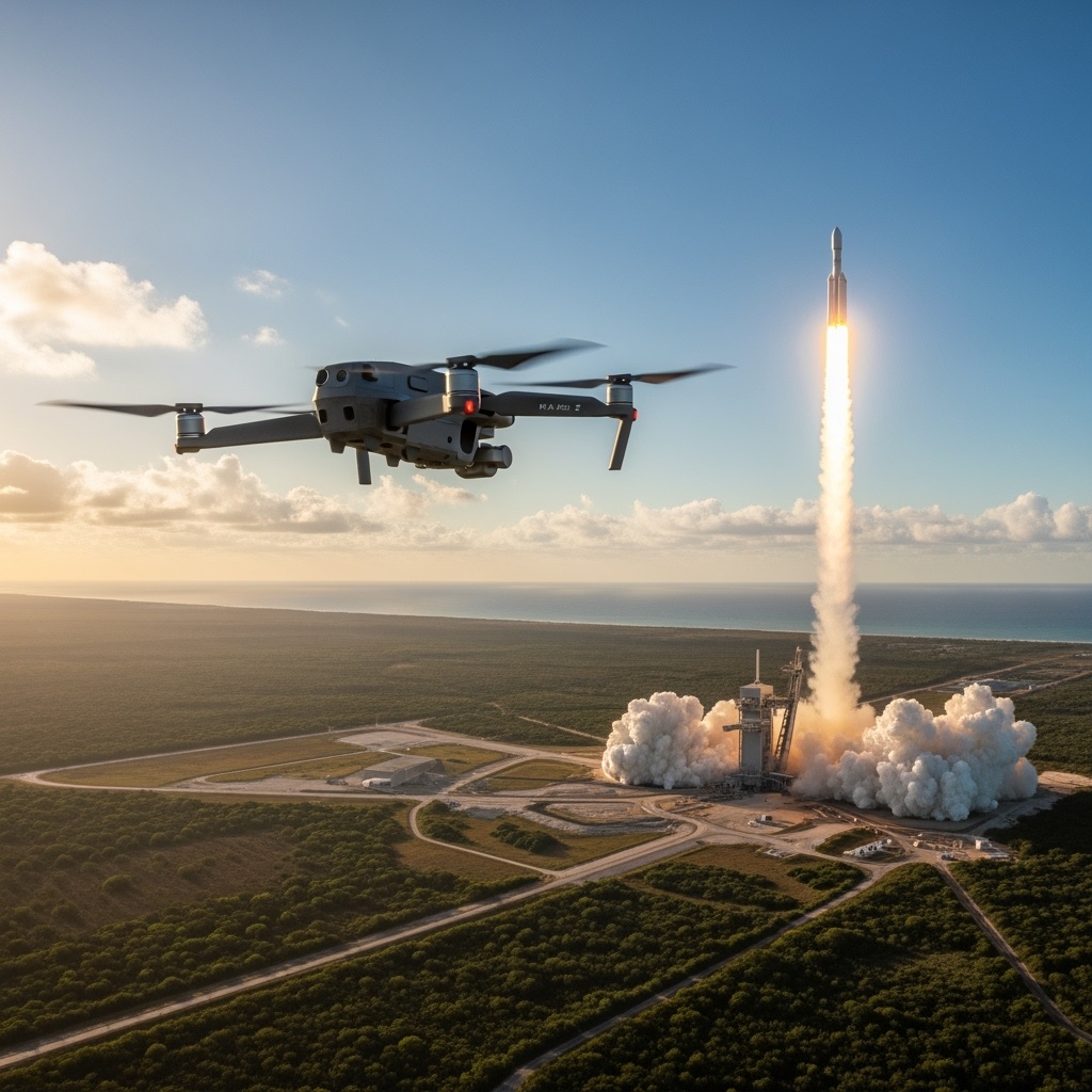 Drone flying near a satellite launch