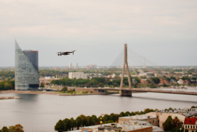 Drone flying over city Riga, Latvia