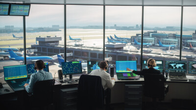 Office Room is Full of Desktop Computer Displays with Navigation Screens, Airplane Departure and Arrival Data for Controllers.