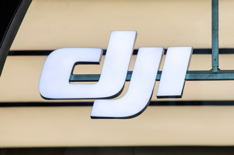 Close-up of the DJI logo on the exterior of the DJI Hasselblad store on Regent Street in London, UK.