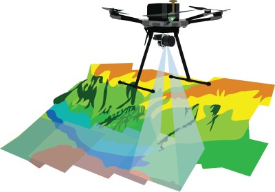 Aerial LiDAR Topographic Survey In Extremely Tall And Dense. Mapping drone result with coloring landscape type of topography isolated on transparent background