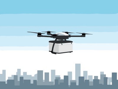 This vector illustration showcases a delivery drone flying over a cityscape, transporting a package securely attached to its frame