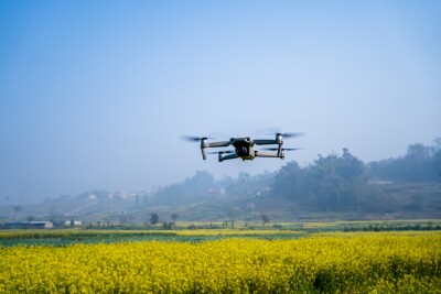 flying drone over the mustard farmland in Nepal.