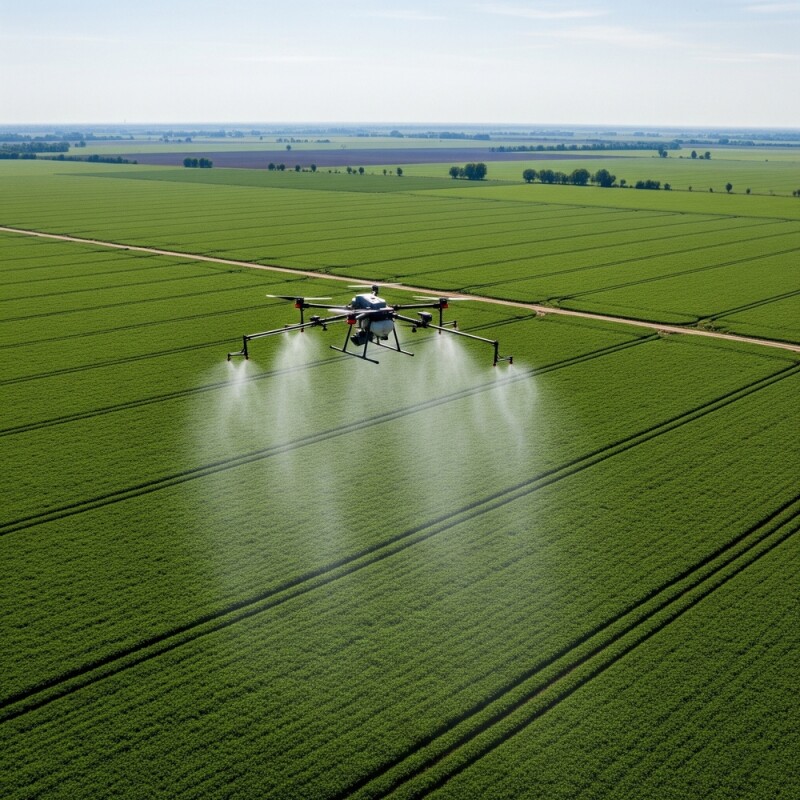 Agricultural Drone Spraying Crops in a Vast Green Field
