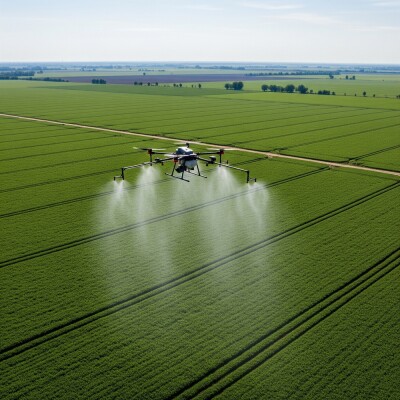 Agricultural Drone Spraying Crops in a Vast Green Field