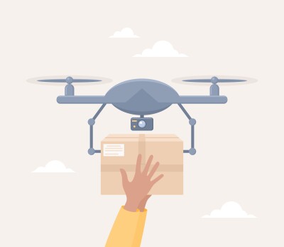 Drawing of a hand grabbing a package from a delivery drone