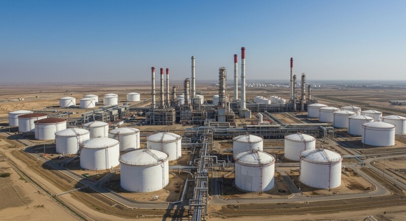 Aerial view of a modern oil refinery with large white storage tanks and tall chimneys located in a desert industrial area under clear blue sky