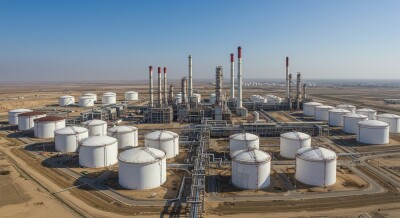 Aerial view of a modern oil refinery with large white storage tanks and tall chimneys located in a desert industrial area under clear blue sky