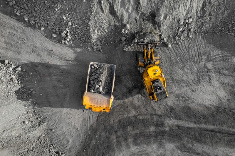 aerial view of a dump truck filled with rocks