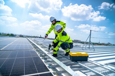 Workers in safety gear are actively engaged in the construction of a solar energy system on a commercial building's roof, with a toolbox nearby