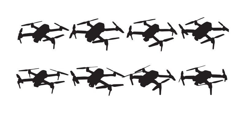 Collection of drone silhouettes. Aerial vehicles with propellers. Flying quadcopters from different perspectives for design.