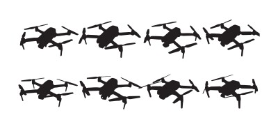 Collection of drone silhouettes. Aerial vehicles with propellers. Flying quadcopters from different perspectives for design.