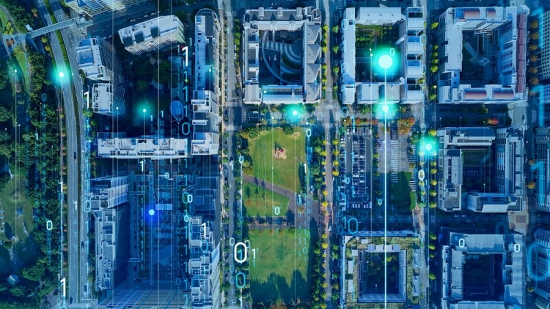 Modern city aerial view and digital transformation concept. Smart city.