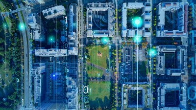 Modern city aerial view and digital transformation concept. Smart city.