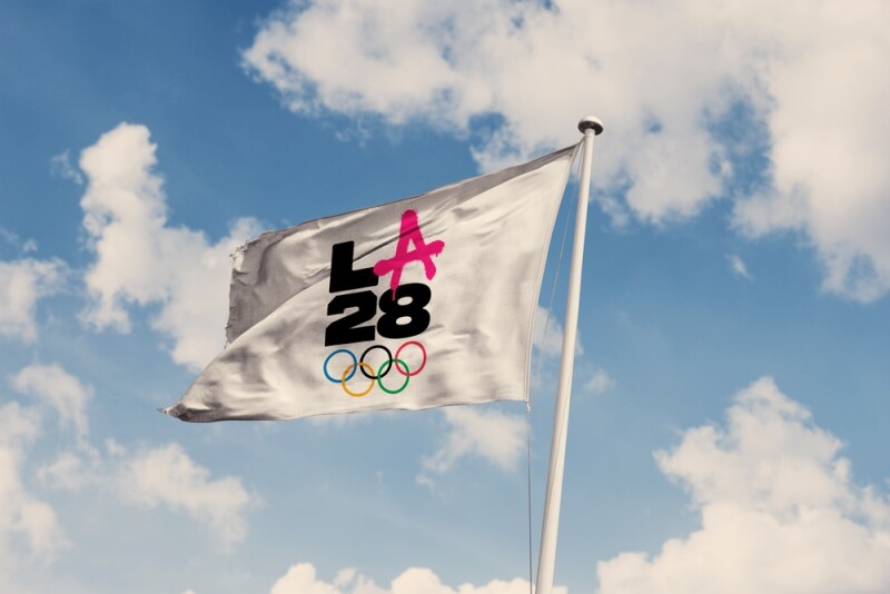 A flag with the LA28 logo.