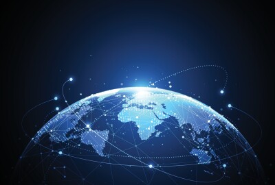 World map point and line composition concept of global business.