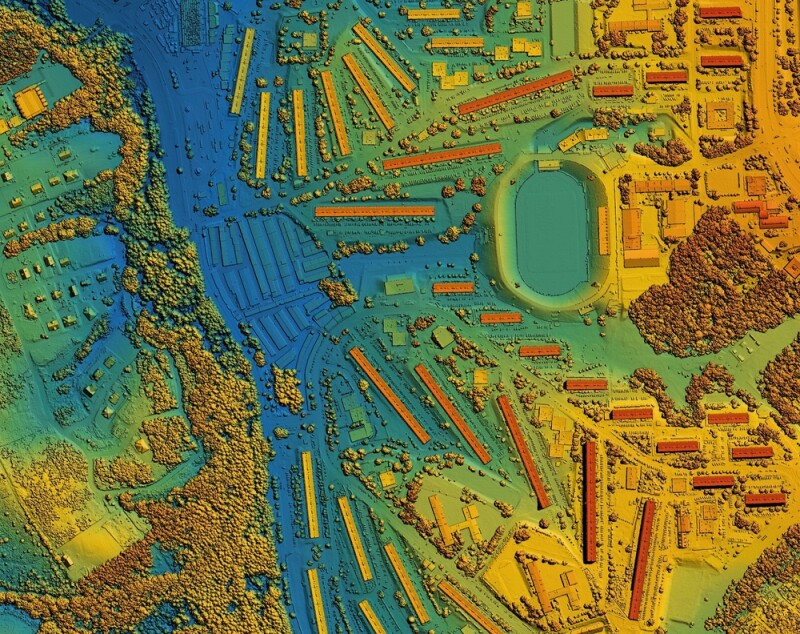 GIS 3D illustration made after proccesing aerial pictures taken from a drone. It shows lidar scanned, huge urban area of a city with roads and junctions between dense blocks