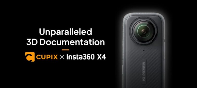 Insta360 X4 next to text reading "Unparalleled 3D Documentation Cupix x Insta360 X4"