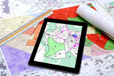 digital tablet displaying a land use plan, placed on French maps of local town planning