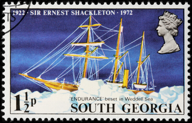 A stamp printed by SOUTH GEORGIA shows Sir Ernest Shackleton ship Endurance beset in the pack ice of the Weddell Sea, circa 1972