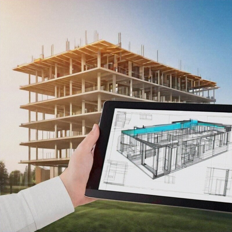 Modern building with BIM software interface and sustainable design features