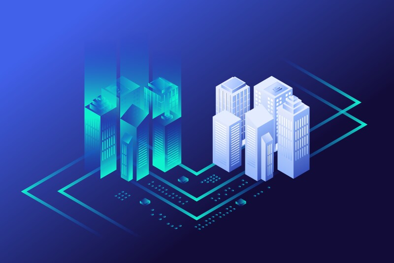 Digital Twins Technology Illustration, future of building construction, architects and engineers