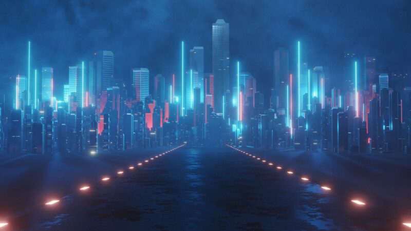 3D Rendering of neon mega city with light reflection from puddles on street heading toward buildings.