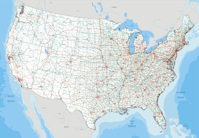 Complex USA road map with Interstates, U.S. Highways and main roads.