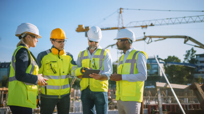 Diverse Team of Specialists Use Tablet Computer on Construction Site.